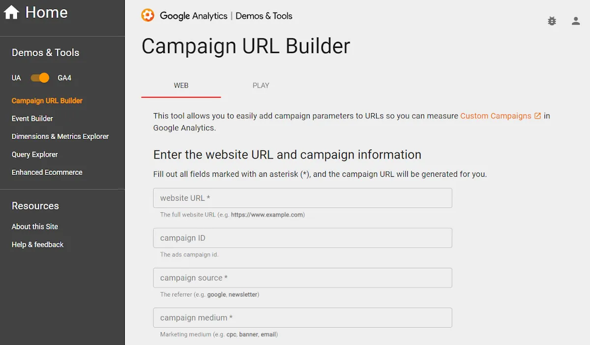 Google Campaign URL Builder, GA4 version, with Web and Play tabs