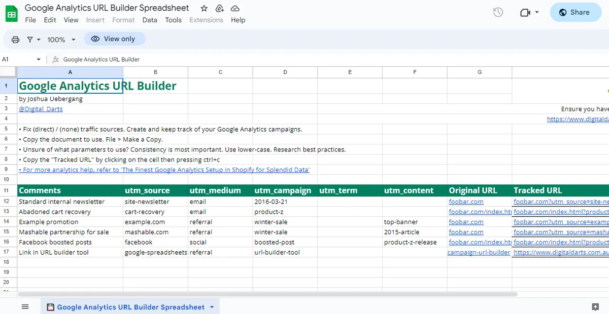 Google Analytics URL Builder Spreadsheet by Joshua Uebergang